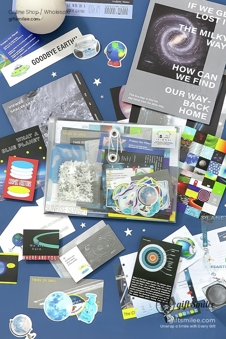 Spacethemed educational kit with colorful posters stickers star maps and planet visuals on a blue backdrop