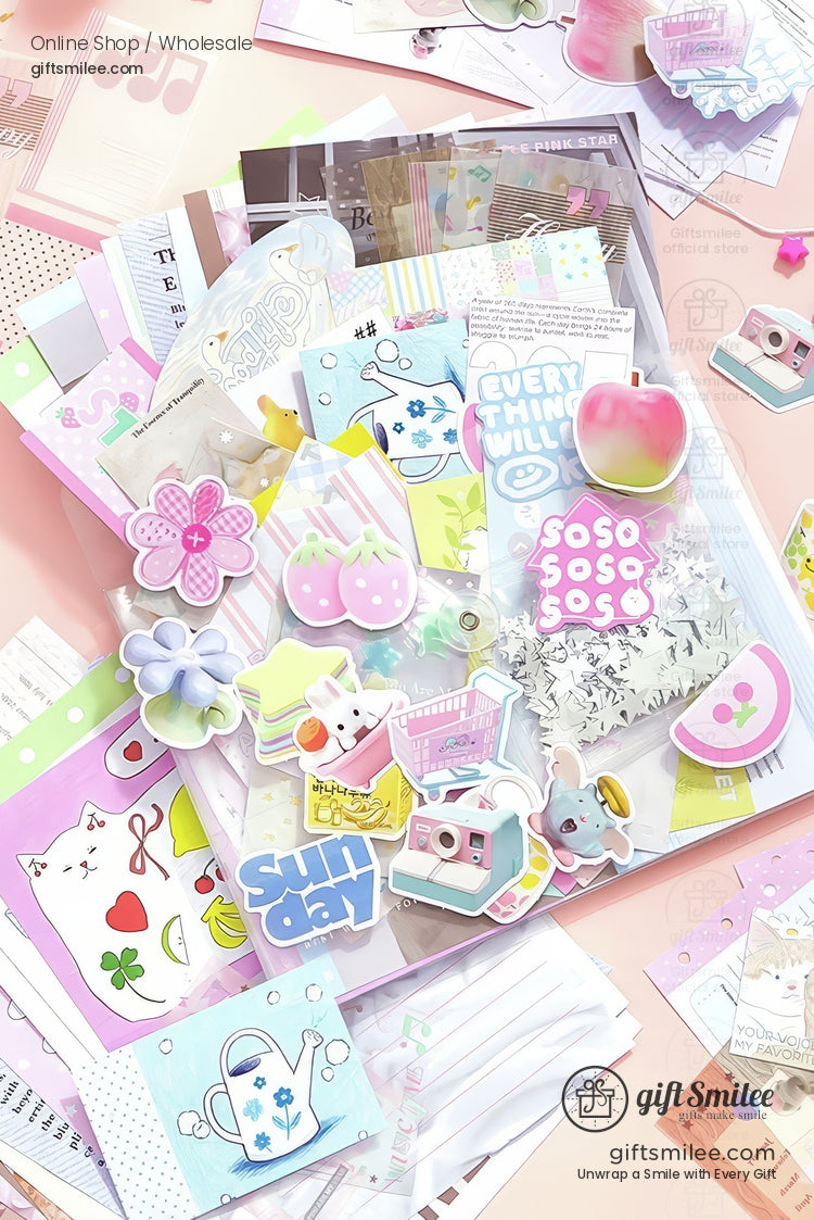 Pastel stationery set with floral cat and cherry stickers colorful memo pads and vintage camera designs on a pink backdrop