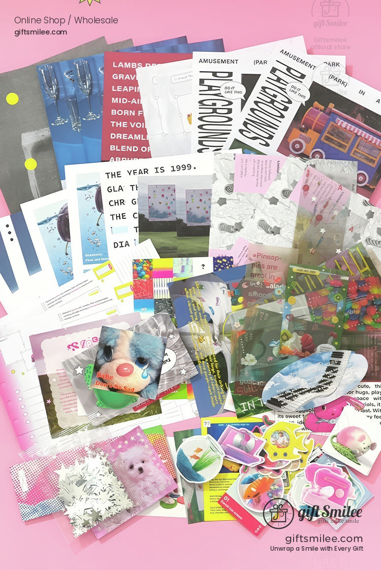 Assorted colorful stationery set with printed papers playful stickers translucent overlays and vibrant designs on pink background