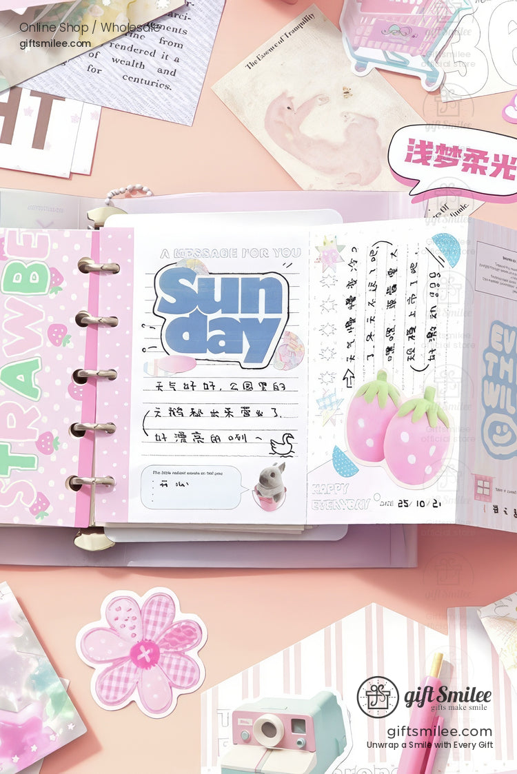 Pastel pink planner with strawberry prints open to a Sunday page featuring handwritten text stickers and a ring binding