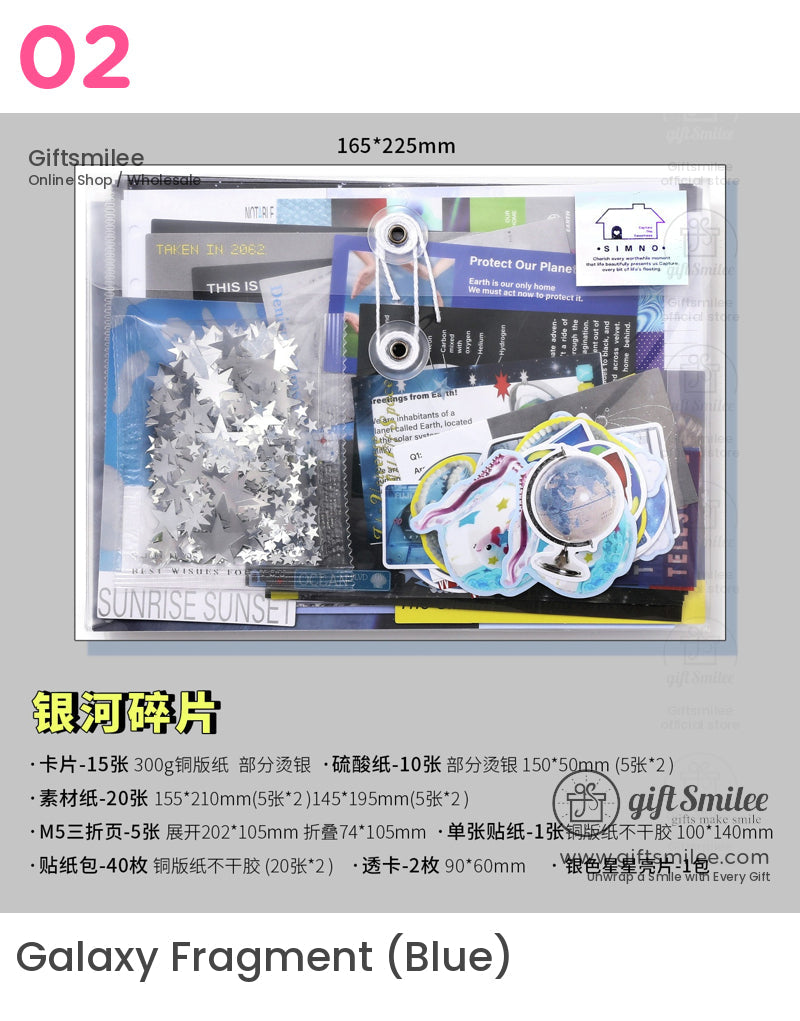 Transparent storage pouch with silver star confetti colorful stickers postcards and ecothemed paper inserts