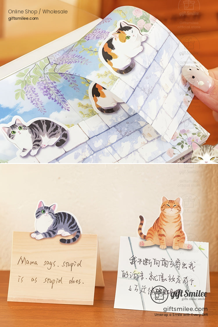 Catthemed memo pads with playful designs featuring calico and tabby illustrations on pastel floral backgrounds