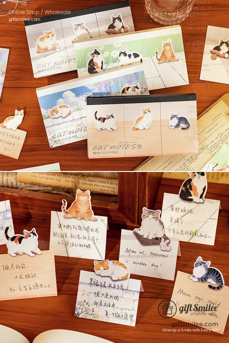 Assorted catthemed sticky notes with playful illustrations pastel backgrounds and lined pages for writing