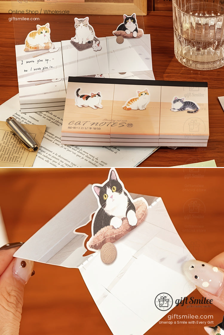 Foldable notepad with cat illustrations featuring tabby and calico designs woodenstyle cover and pastel accents