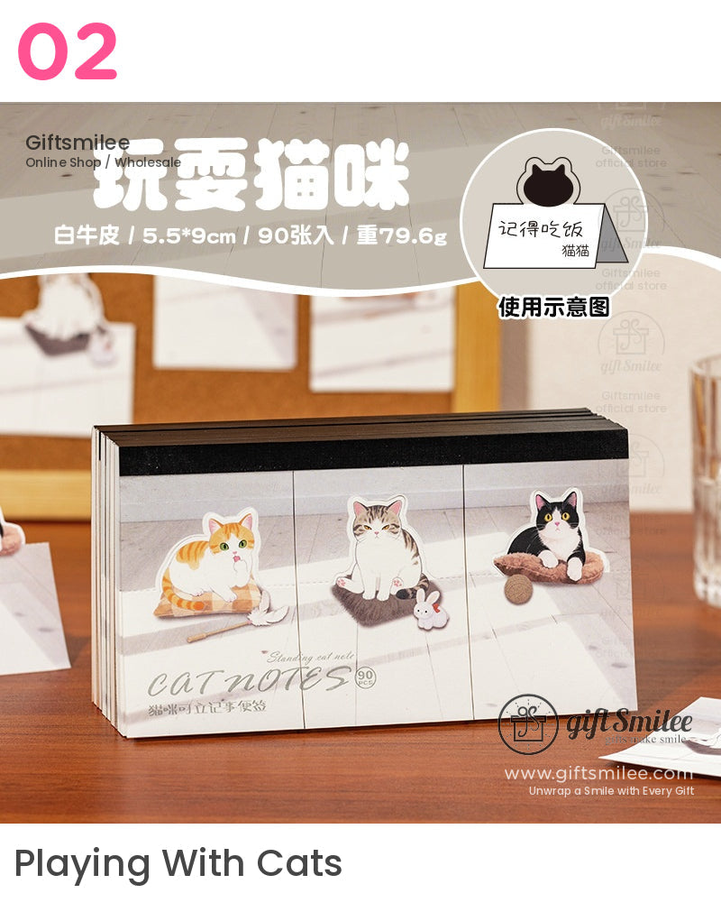 Catthemed sticky notes set 90 sheets 55x9cm featuring playful cat illustrations on white textured paper