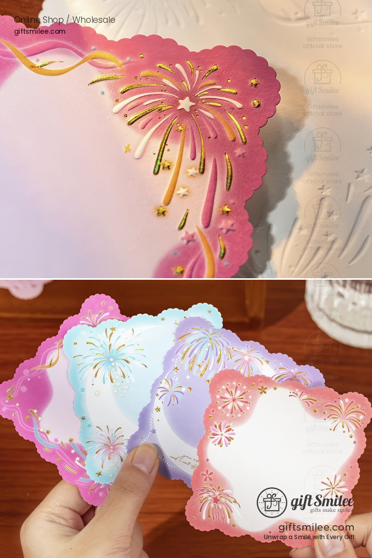 Scallopededge stationery cards in pink purple and blue with goldfoil fireworks and star accents perfect for gifting