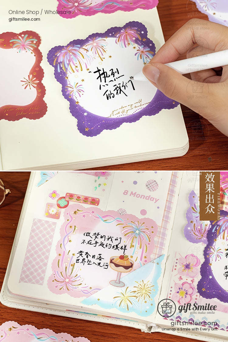 Purple and pink scallopededge decorative stickers with fireworks design used for journaling on cream paper
