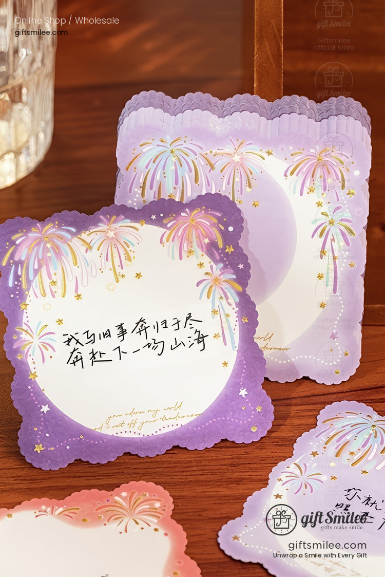 Purple and pink scallopededge stationery with fireworks design gold accent details and elegant handwritten script