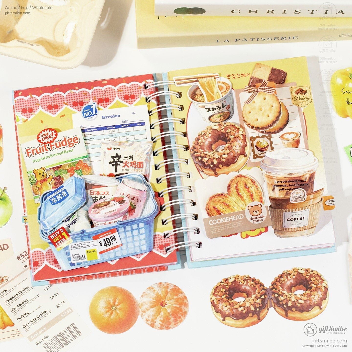 Colorful stationery stickers featuring cookies donuts coffee cups fruit fudge packaging and a blue shopping basket