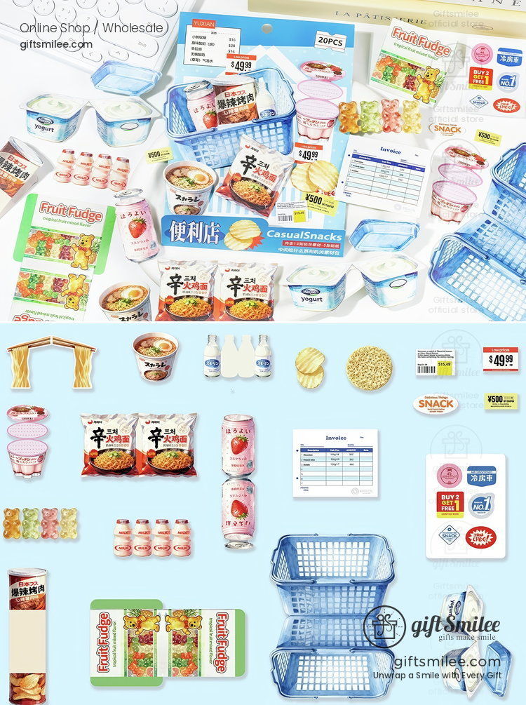 Miniature grocery items including blue baskets ramen packs yogurt cups canned drinks and snack packaging on a light surface