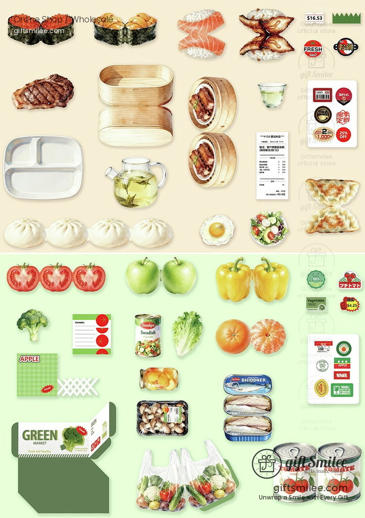 Assorted food illustrations featuring sushi dim sum fresh produce packaged goods and tea displayed in vibrant detail