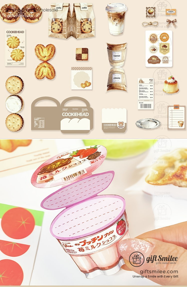 Assorted mini dessertthemed stationery with beige packaging including stickers cards and a pink strawberry milk cup design