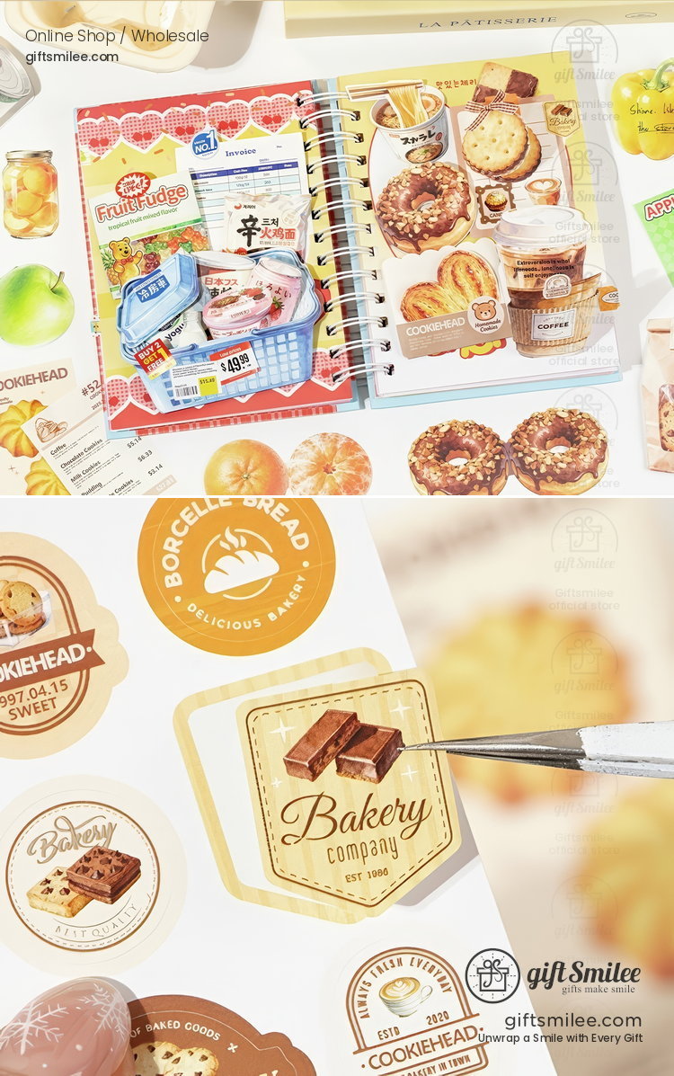 Spiral notebook with bakerythemed stickers featuring pastries chocolate bars and bread designs in warm tones