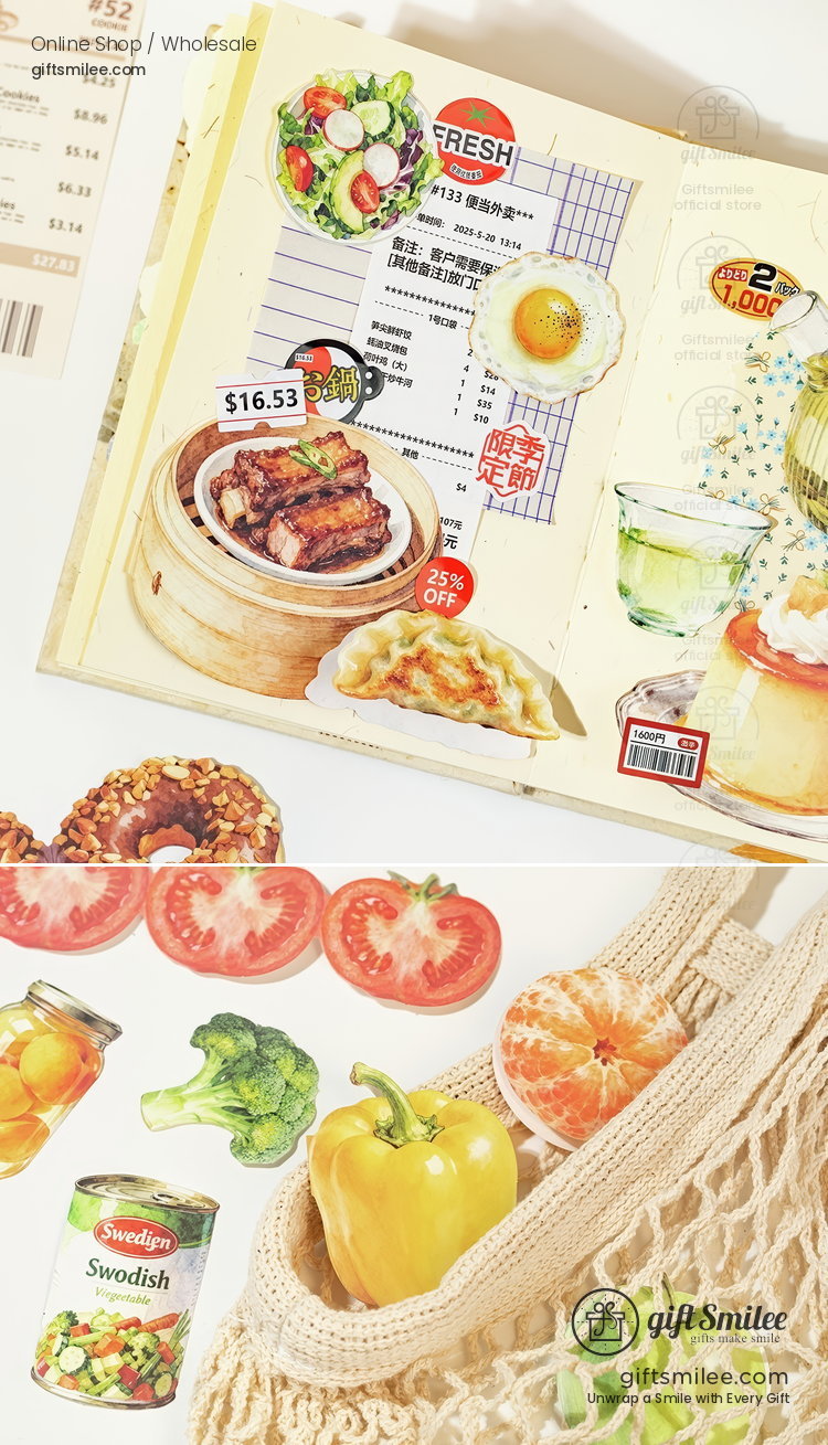 Collage of Asianinspired meals fresh vegetables canned goods and a beige mesh bag with citrus fruits and bell pepper