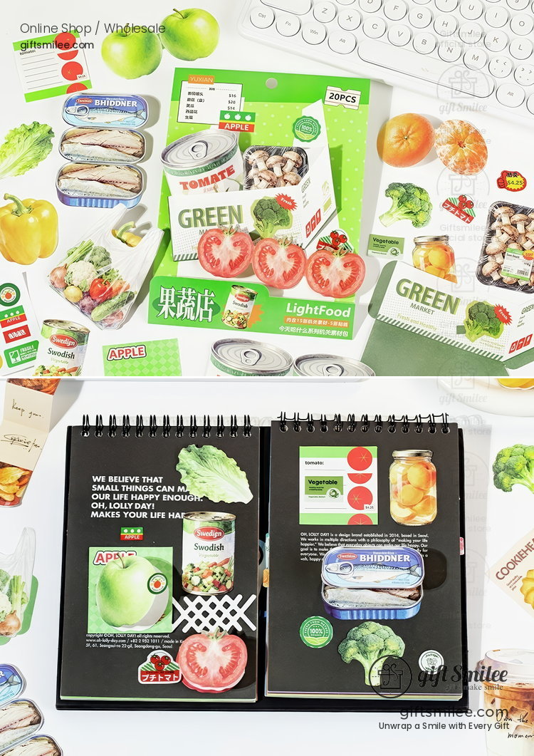 Assorted colorful foodthemed stickers including green apples canned goods broccoli and tomatoes arranged on a white surface