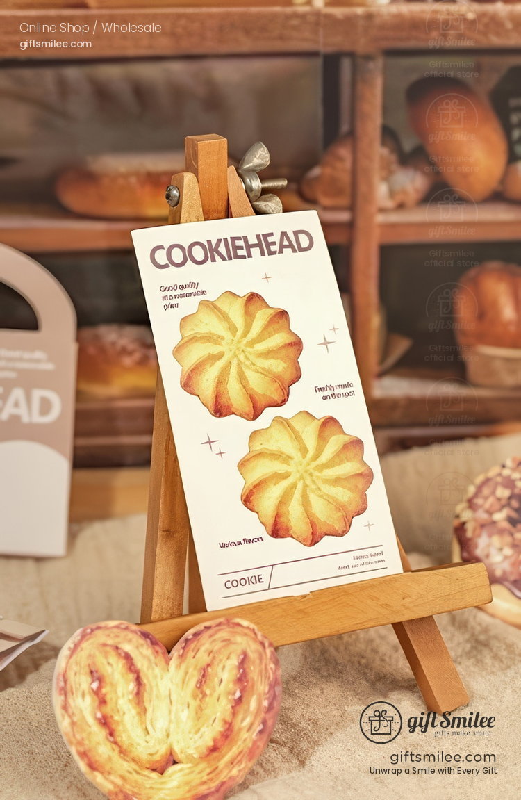 Wooden easel displaying cookie packaging with buttery golden swirlshaped cookies set against a rustic bakery backdrop