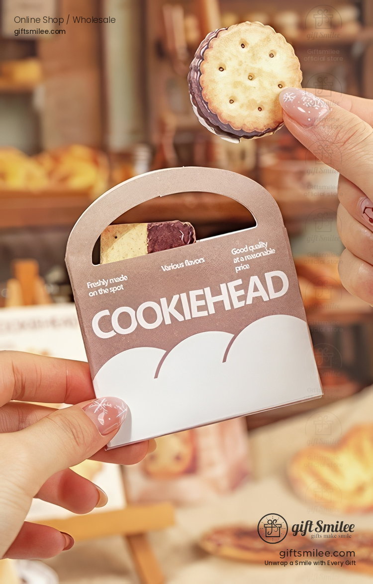 Hand holding a purple and beige sandwich cookie with a crispy texture packaged in a brown and white box labeled Cookiehead