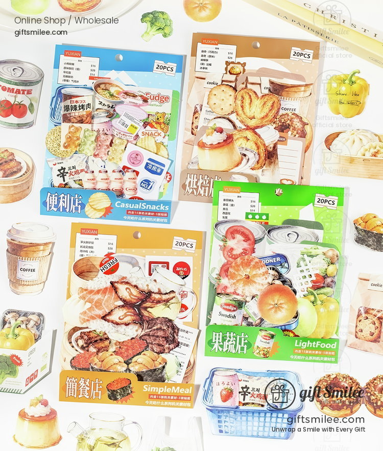 Assorted foodthemed sticker sets with vibrant packaging showcasing snacks baked goods fruits and meal items