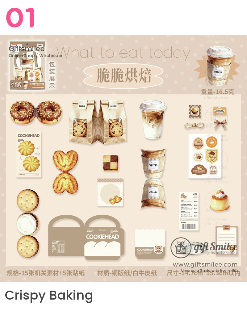 Beige bakerythemed flat lay with donuts cookies layered coffee cups dessert packaging and vintagestyle labels