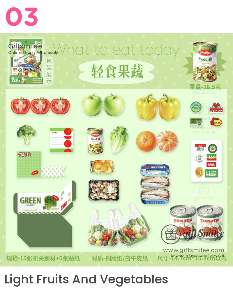 Assorted fresh produce and packaged goods including tomatoes green apples yellow peppers and canned vegetables on a pastel green background