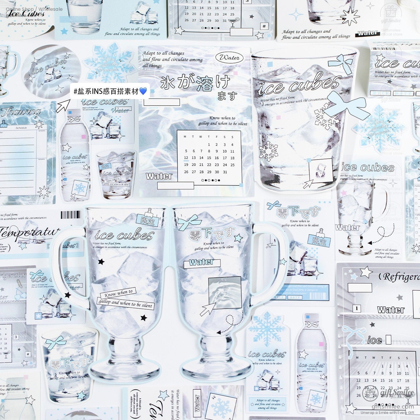 Frosted glass stickers with ice cube illustrations pastel blue accents snowflake designs and minimalist text elements
