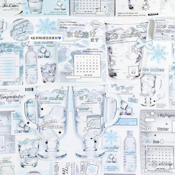 Frosted glass stickers with ice cube illustrations pastel blue accents snowflake designs and minimalist text elements