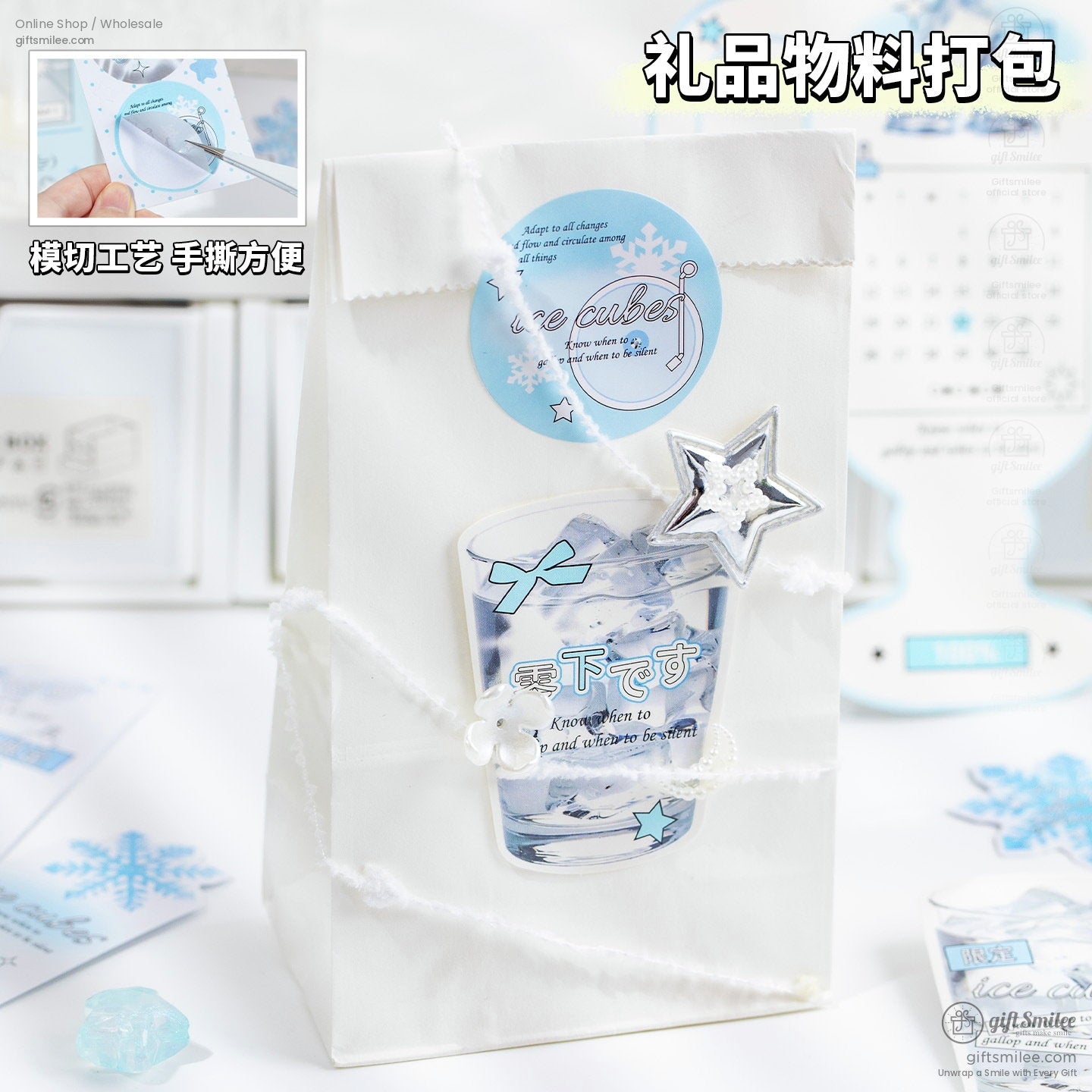 White paper gift bag with blue ice cube design silver star ornament snowflake accents and delicate string detailing
