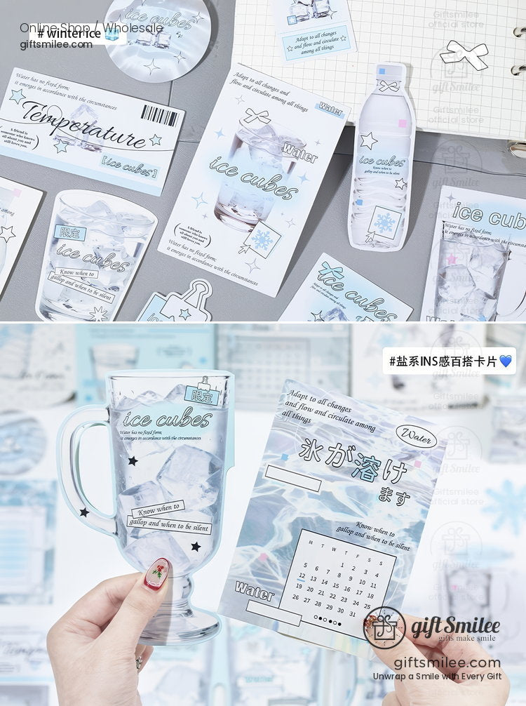 Pastel blue and white stationery set with ice cube illustrations including stickers cards and a clear glass cup design