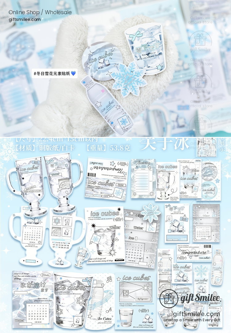 Icethemed stationery set with pastel blue accents snowflake designs calendars and trophyshaped memo pads