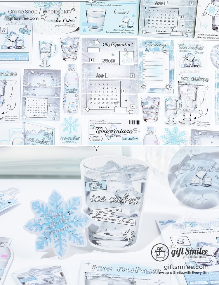 Pastel blue and white stationery set with ice cube and snowflake designs including calendars stickers and glass motifs