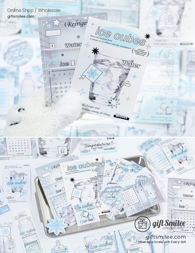 Pastel blue and white stationery set with ice cube graphics calendars and frosted accents in a winterthemed design