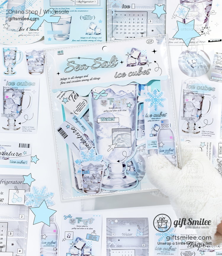 Pastel bluethemed sea salt ice cube stationery set with holographic detailing snowflake motifs and playful star accents