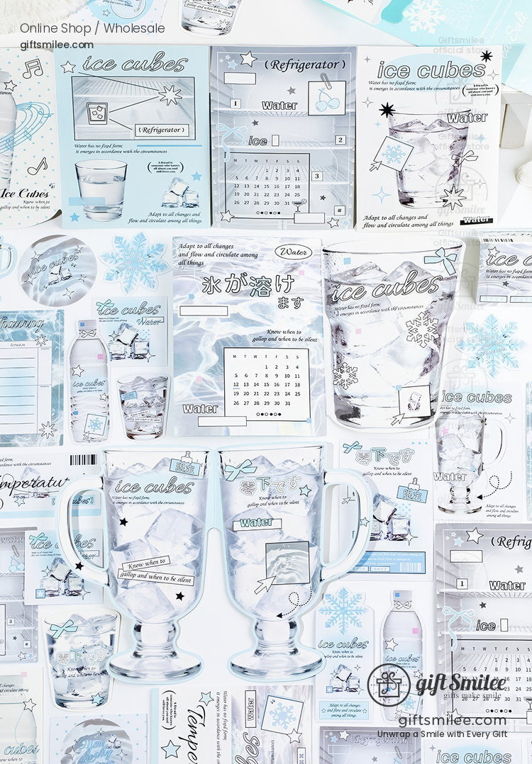 Pastel blue and white icethemed stickers with snowflakes glasses and calendar designs featuring a frosty winter motif