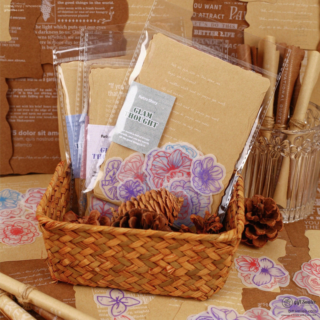 Translucent Floral Outline Stickers With Kraft Printed Backgrounds Journaling Sticker And Paper Set | KS-CK-1278