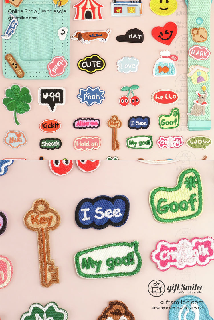 Colorful embroidered ironon patches with various designs including cherries clovers keys and playful text