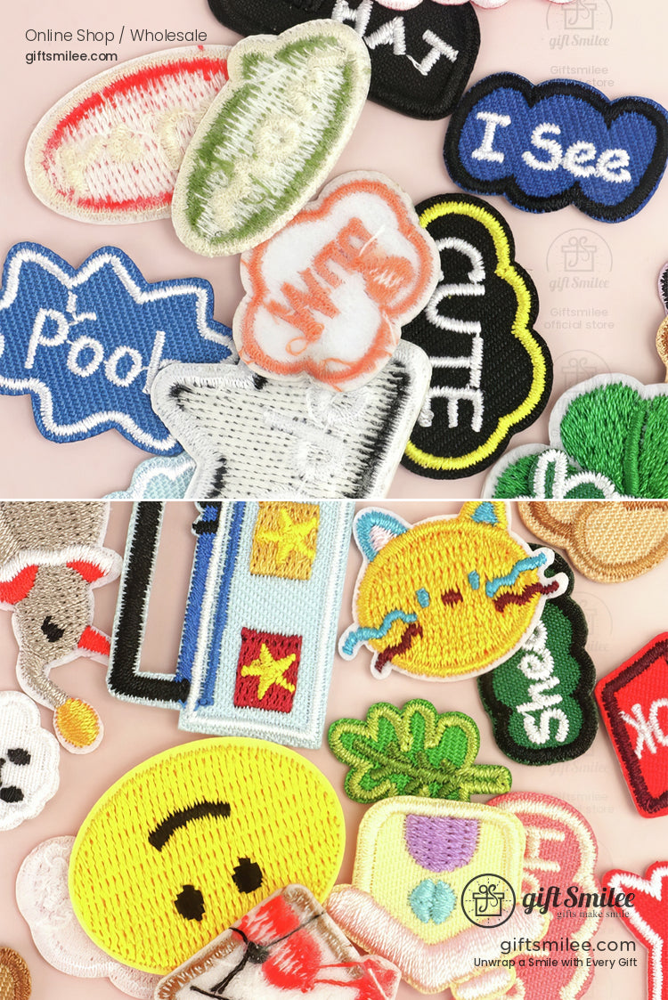 Colorful embroidered ironon patches including speech bubbles smiley face spaceship plants and playful designs