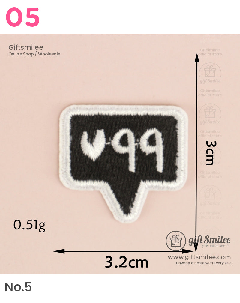 Black embroidered speech bubble patch with white trim and text measuring 32 cm by 3 cm lightweight at 051 g