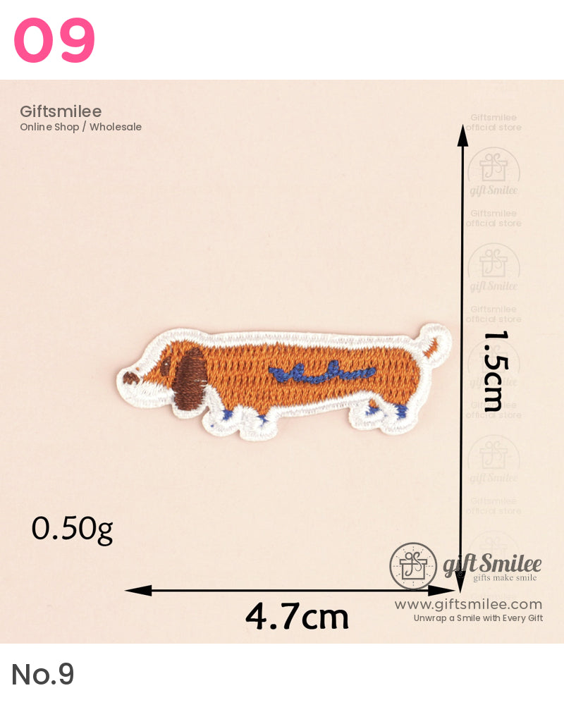 Embroidered dachshund patch in orange white and blue thread with brown accents measures 47cm x 15cm