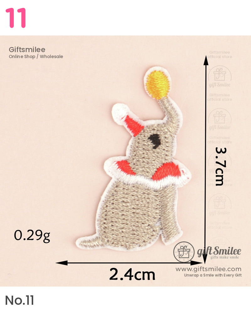 Gray embroidered elephant patch with red accents yellow ball detail and dimensions of 37 cm by 24 cm