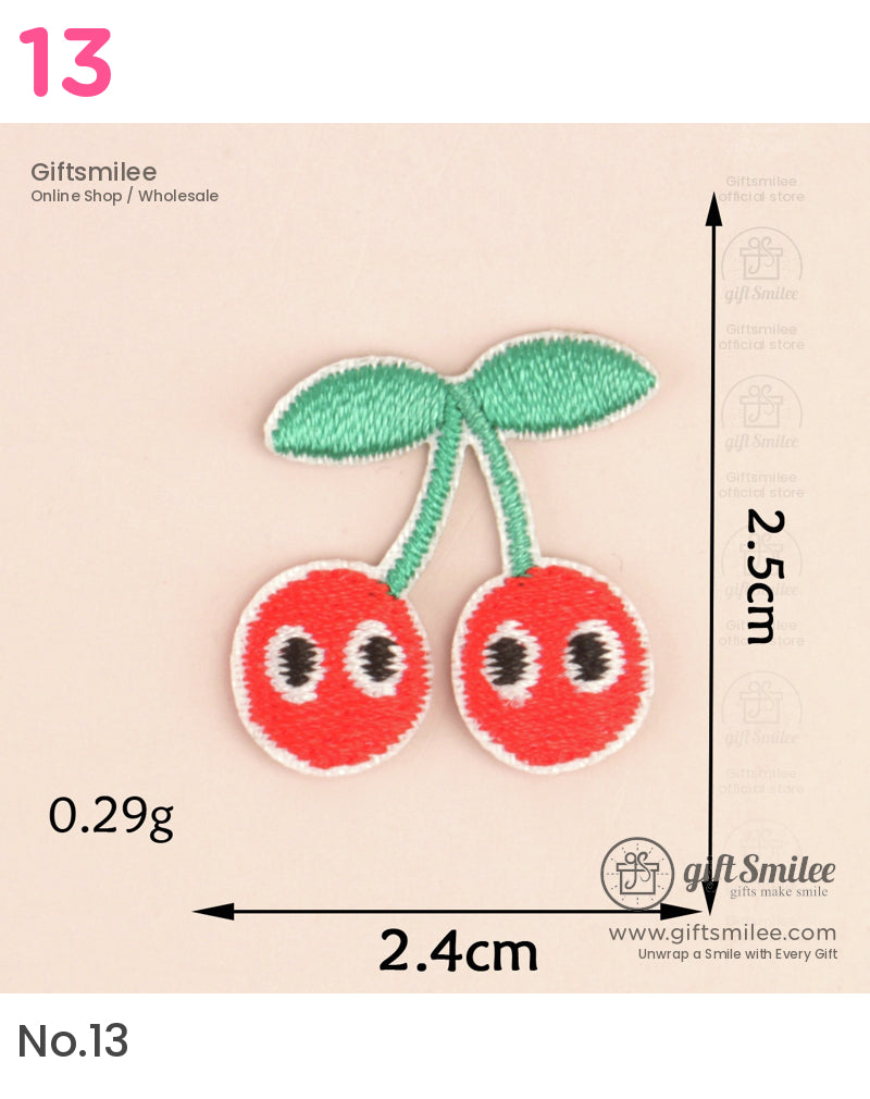 Red cherry embroidered patch with green leaves cartoon eyes durable fabric 25cm height 24cm width