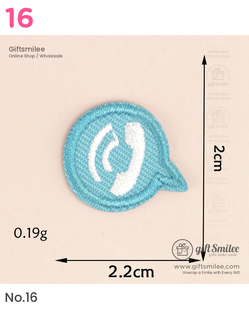 Small blue embroidered patch shaped like a chat bubble with a white phone icon measuring 22cm by 2cm