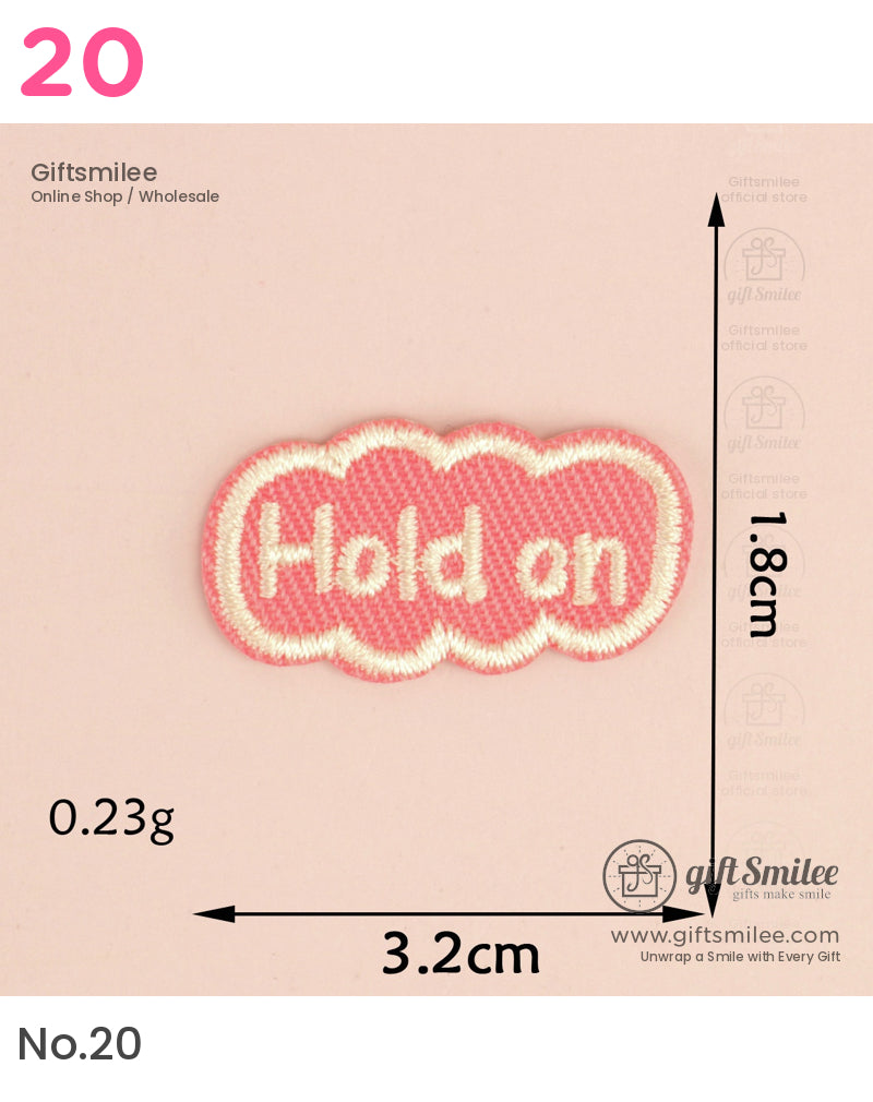 Pink embroidered patch with Hold on text in white cloudshaped design soft fabric 32cm x 18cm size