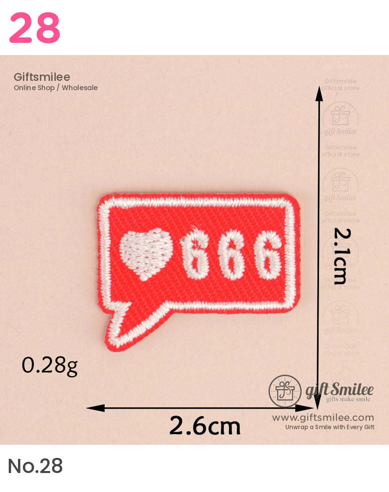 Red embroidered patch shaped like a speech bubble with white heart and 686 text outlined in white stitching
