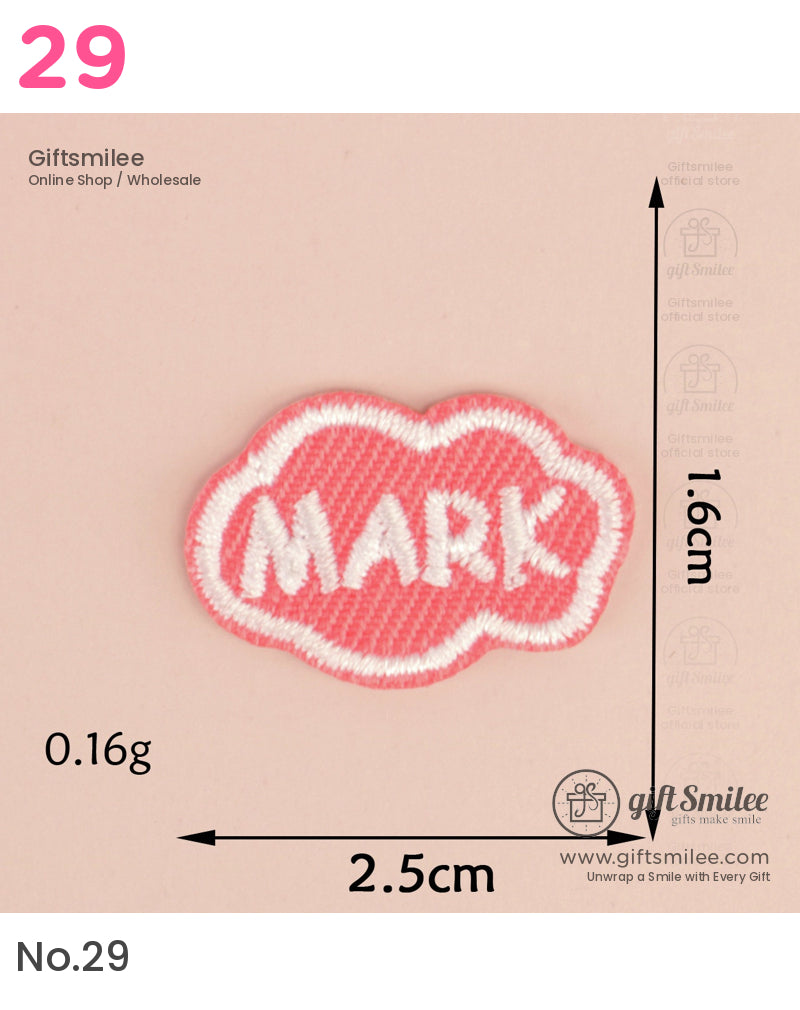Pink embroidered patch with white MARK text cloudshaped design compact size of 25cm by 16cm