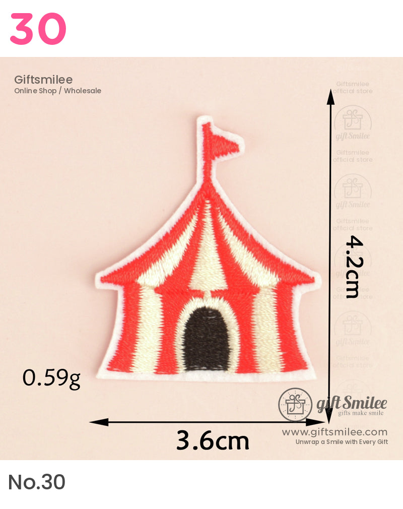 Red and white embroidered circus tent patch with a black door small flag detail and precise dimensions