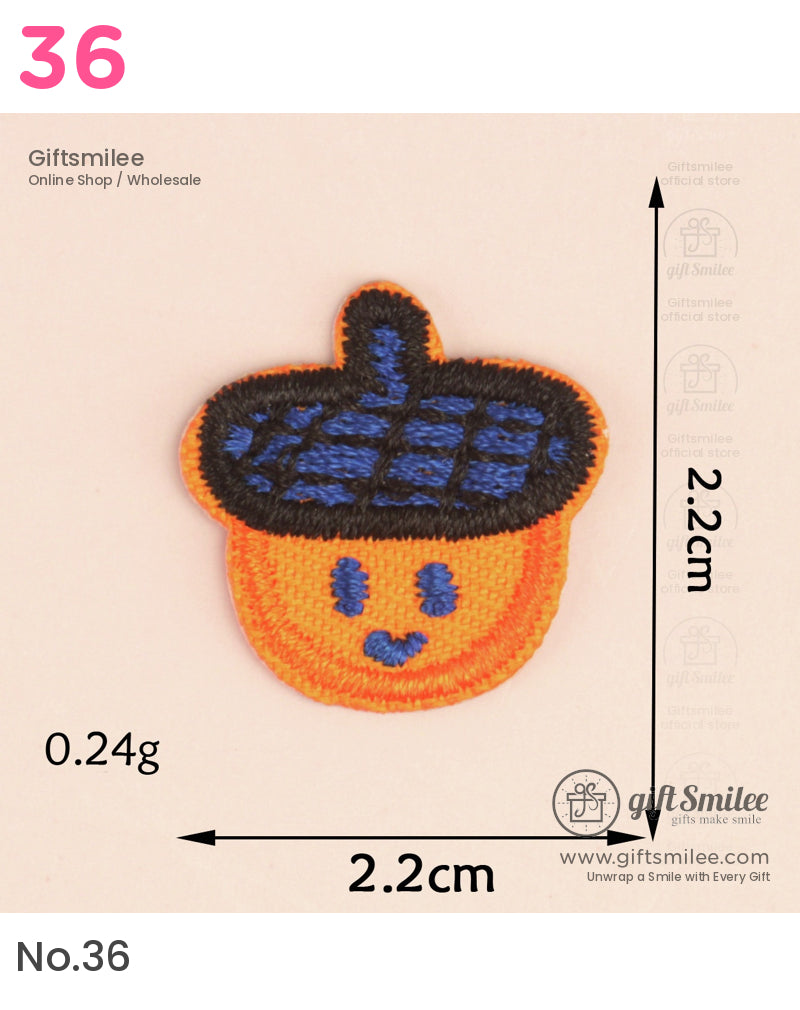 Orange embroidered acorn patch with a blue checkered cap smiling face compact size of 22cm lightweight at 024g