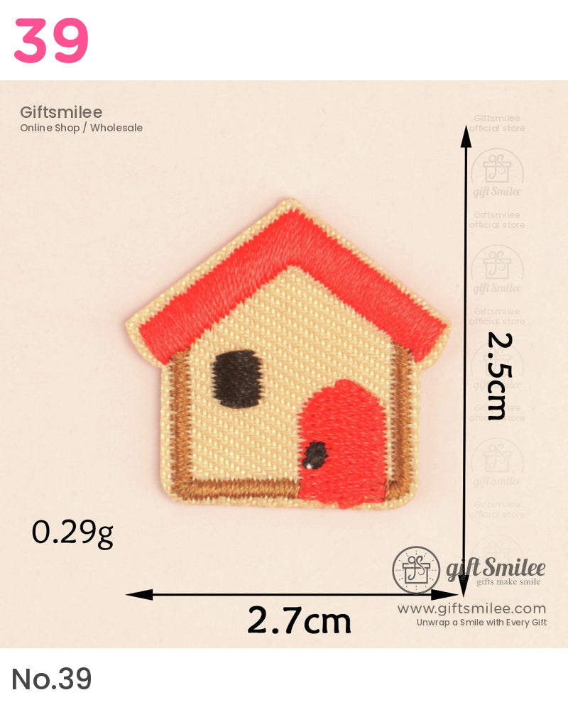 Beige embroidered house patch with red roof red door black window lightweight design and compact 27x25cm size