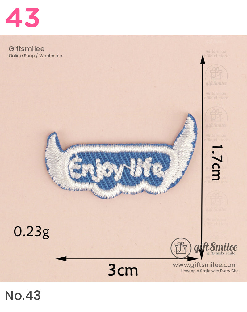Blue and white embroidered patch with Enjoy Life text cloudshaped design lightweight at 023g 3cm x 17cm