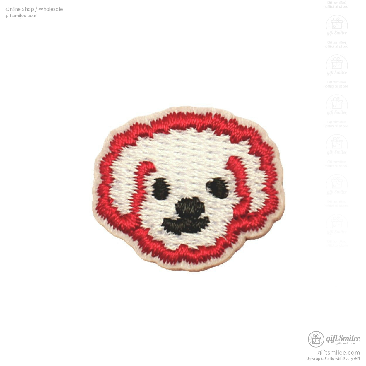 White and red embroidered dog face patch with black details and a rounded edge crafted from durable thread