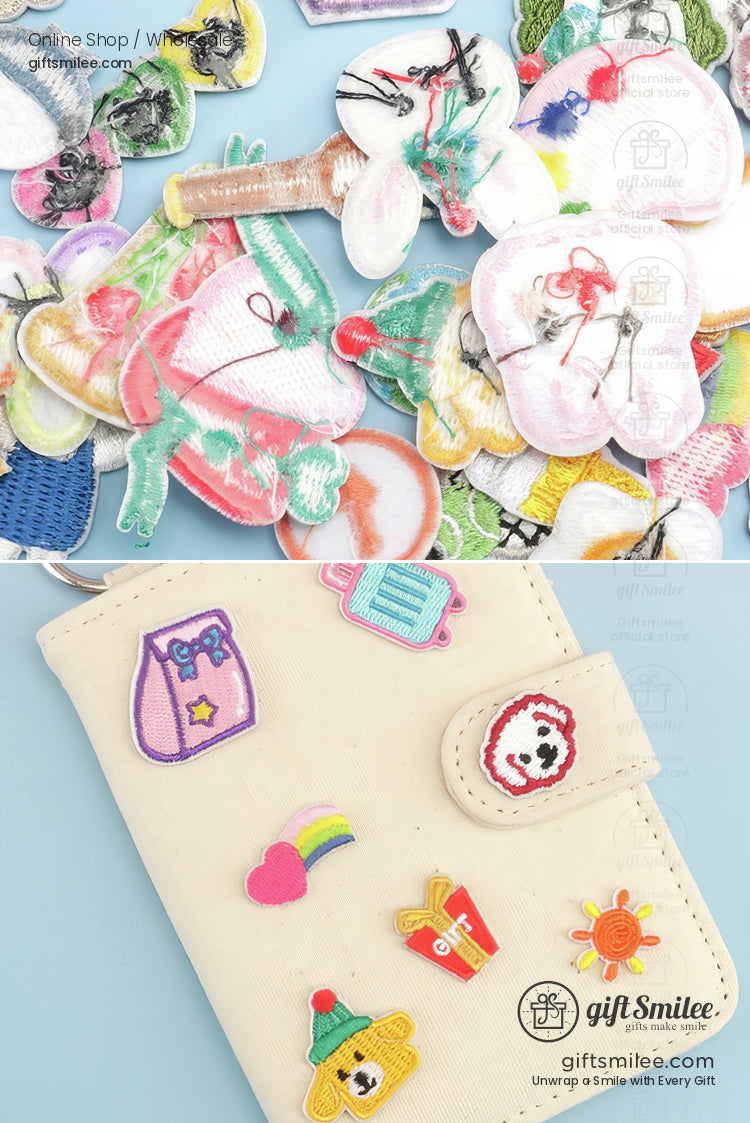 Assorted colorful embroidered fabric patches and cream cardholder decorated with playful cartoonthemed appliques